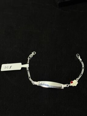 Hello Kitty ID Bracelet Silver Tone Figaro Chain Red Heart Charm Kids Jewelry 6´